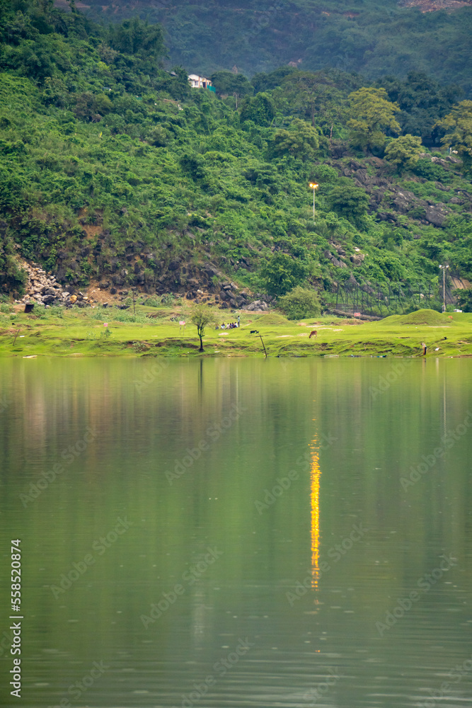 Fototapeta premium Natural landscape with lake and mountains, Selective Focus