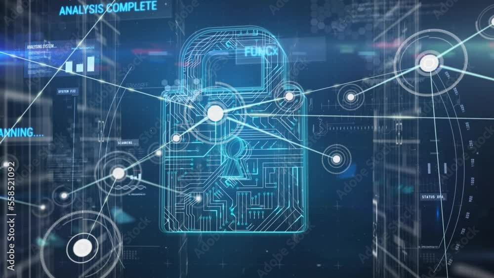 Animation of network of connections over data processing and padlock Animation of network of connections over data processing and padlock