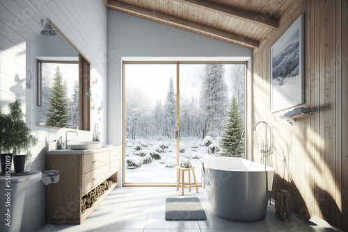 Bright new bathroom with large windows  bathtub and view of the snowy landscape  Scandinavian interior design  AI Generative