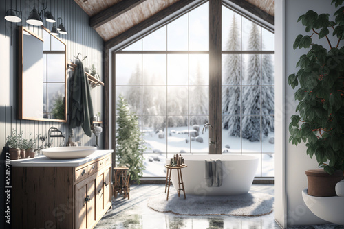 Bright new bathroom with large windows, bathtub and view of the snowy landscape, Scandinavian interior design, AI Generative © Nataly