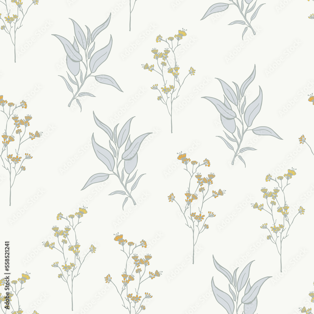 Modern tropical flowers seamless pattern design. Seamless pattern with spring flowers and leaves. Hand-drawn background. floral pattern for wallpaper or fabric. Botanic Tile.