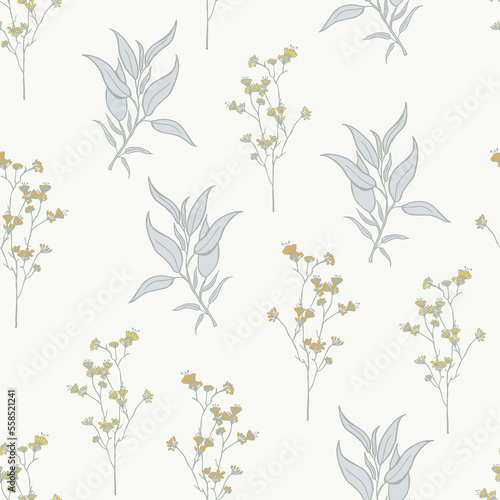 Modern tropical flowers seamless pattern design. Seamless pattern with spring flowers and leaves. Hand-drawn background. floral pattern for wallpaper or fabric. Botanic Tile.