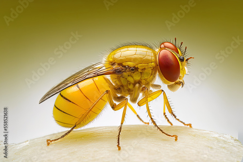 On the surface of a banana fruit, a fruit fly or vinegar fly (Drosophila melanogaster). Generative AI