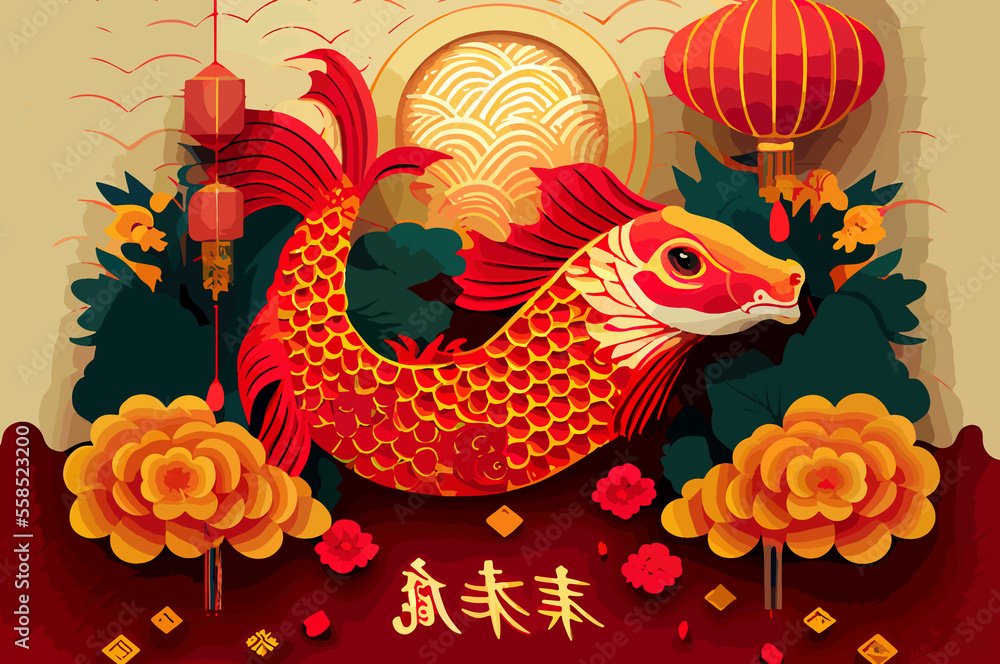 Chinese New Year 2023 zodiac animals card in red and gold colors.