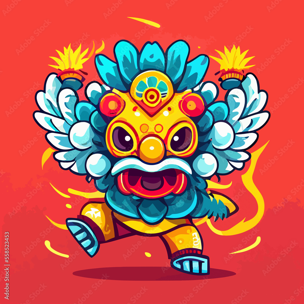 Fototapeta premium Creative flat lion dance chinese new year with people character