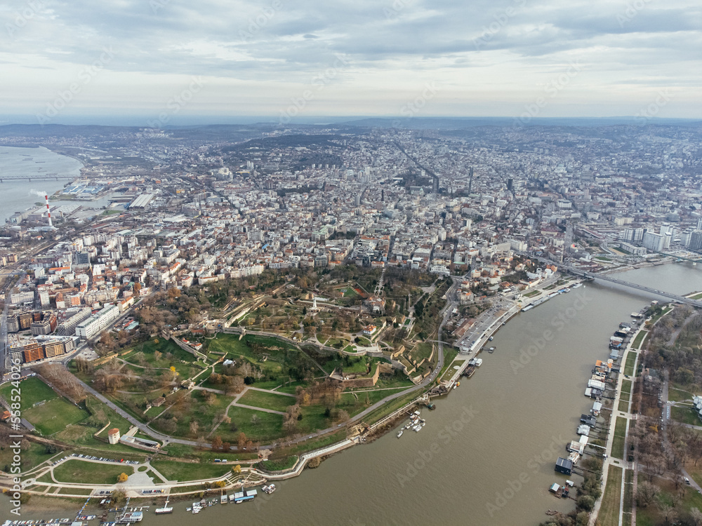 Drone view: The Belgrade city view from above the old Kalemegdan fortress, Serbia