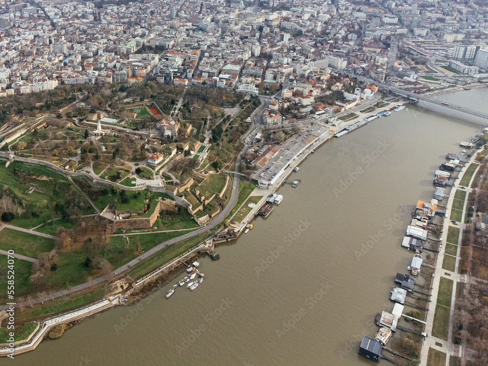 Drone view: The Belgrade city view from above the old Kalemegdan fortress, Serbia