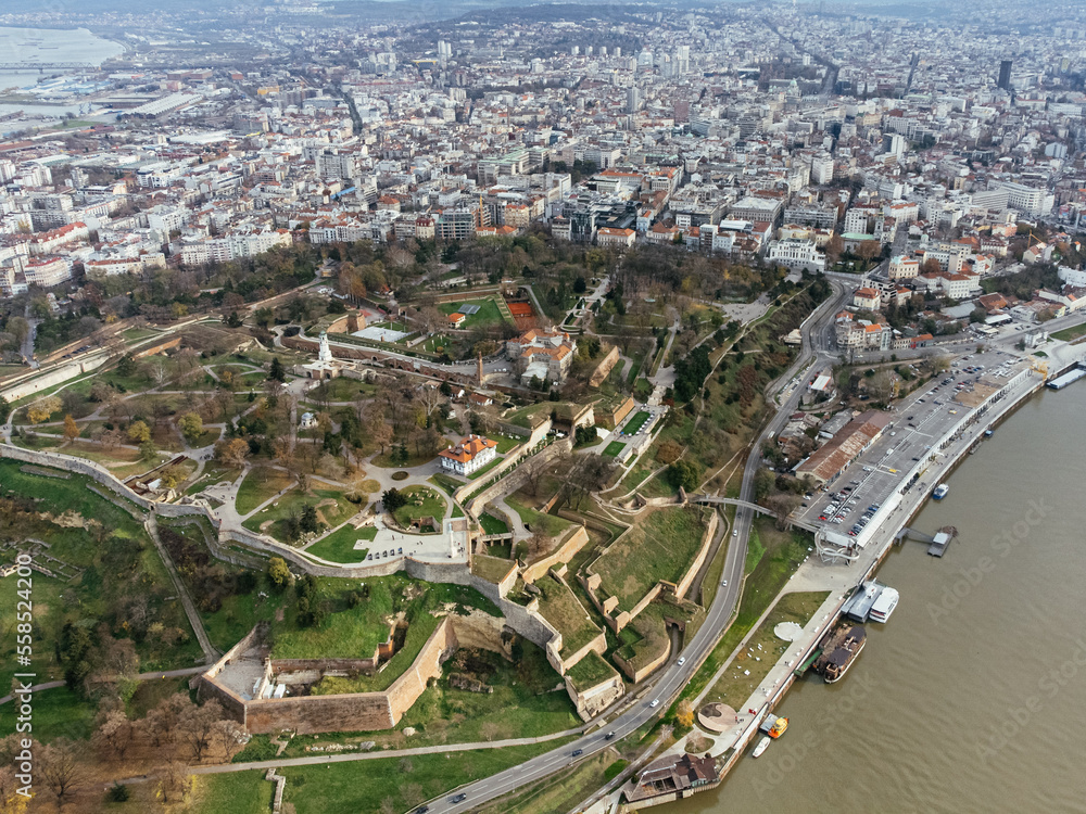 Aerial top view to Kalemegdan fortress at Belgrade. Summer photo from drone. Serbia