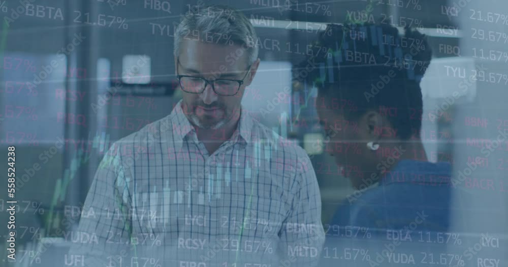 Animation of trading board and graphs over diverse coworkers sharing ideas in office Animation of trading board and graphs over diverse coworkers sharing ideas in office