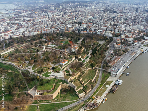 Aerial top view to Kalemegdan fortress at Belgrade. Summer photo from drone. Serbia © lightscience