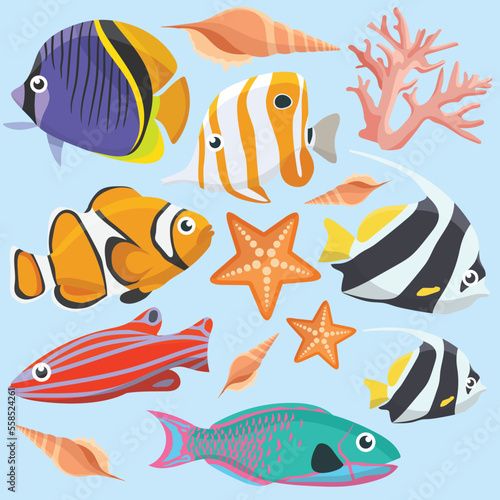 Colorful coral fishes vector art