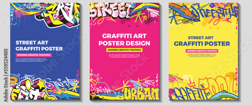 Modern graffiti art poster or flyer design with colorful tags, throw up. Hand-drawn abstract graffiti illustration vector in street art theme