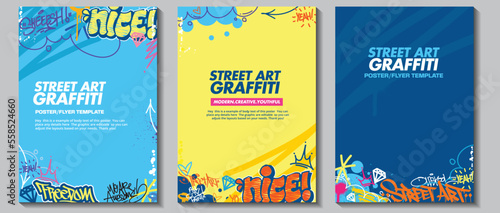 Modern graffiti art poster or flyer design with colorful tags, throw up. Hand-drawn abstract graffiti illustration vector in street art theme