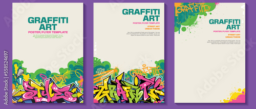 Modern graffiti art poster or flyer design with colorful tags, throw up. Hand-drawn abstract graffiti illustration vector in street art theme