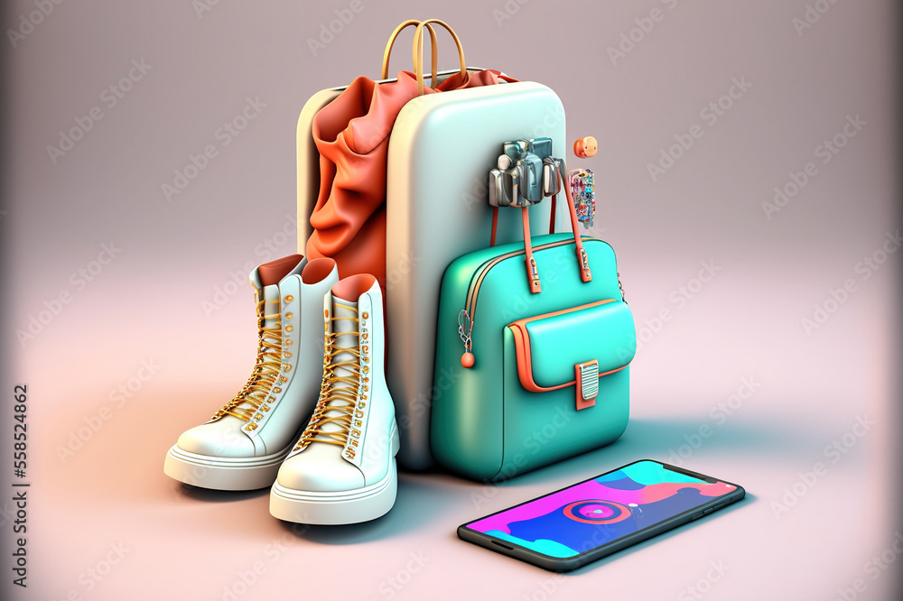 Online shopping concept. Realistic 3d illustration. Fashion on internet, Design element for web or banner design. Virtual clothing and fashion in metaverse (ai generated) Online shopping concept. Realistic 3d illustration. Fashion on internet, Design element for web or banner design. Virtual clothing and fashion in metaverse (ai generated)