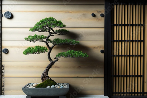 Interior design idea with a bonsai tree close to a wooden wall. Generative AI photo