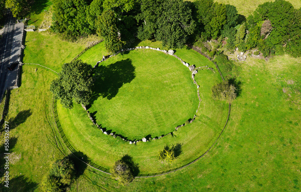 Grange stone circle. Lough Gur, Ireland. Neolithic. Aerial showing earth bank around 45m diameter 113 contiguous stones. Entrance is in N.E. quadrant