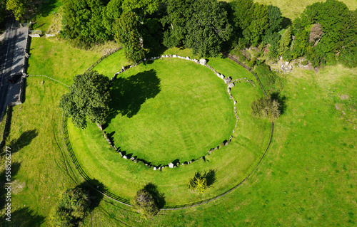 Grange stone circle. Lough Gur, Ireland. Neolithic. Aerial showing earth bank around 45m diameter 113 contiguous stones. Entrance is in N.E. quadrant photo