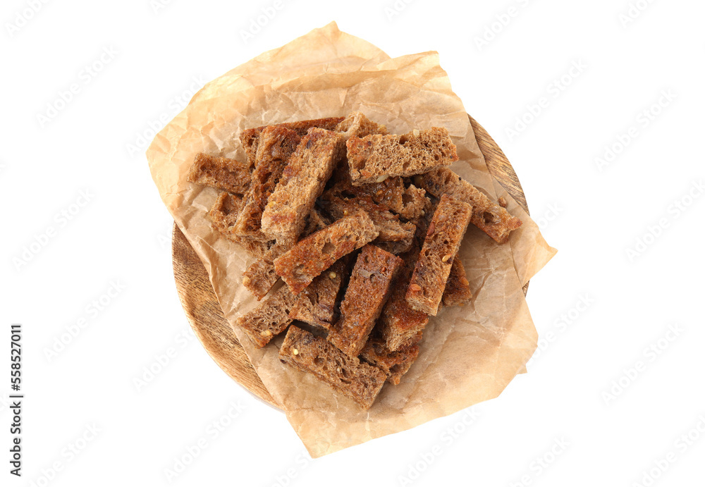 Wooden tray with crispy rusks isolated on white, top view Wooden tray with crispy rusks isolated on white, top view