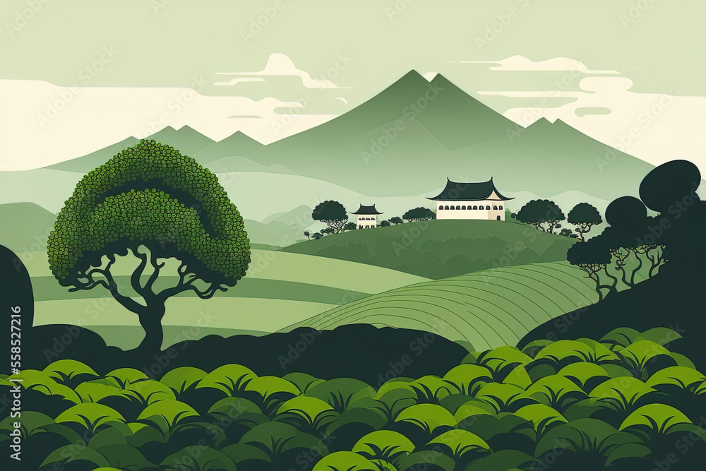  artwork of a green tea plantation scene. Flat rural farming fields, a terraced tea plantation, green hills, and a distant peak are shown in a cartoon. Asian agricultural history. Generative AI - obrazy, fototapety, plakaty 