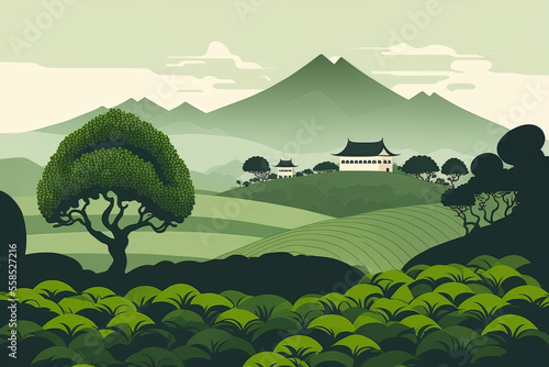  artwork of a green tea plantation scene. Flat rural farming fields, a terraced tea plantation, green hills, and a distant peak are shown in a cartoon. Asian agricultural history. Generative AI