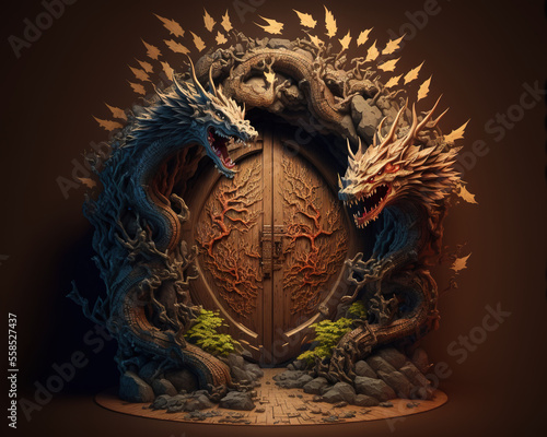 Dragon wooden old door and chinese pattern, wood nature. 3d illustration. (ai generated) photo