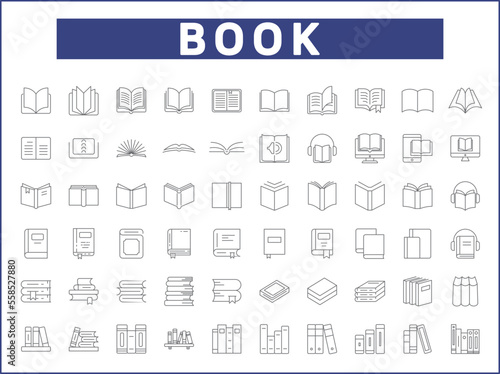 Simple Set of book Related Vector Line Icons.
Vector collection of reading, book stack, notes, study, library, education, open book and design elements symbols or logo element.
