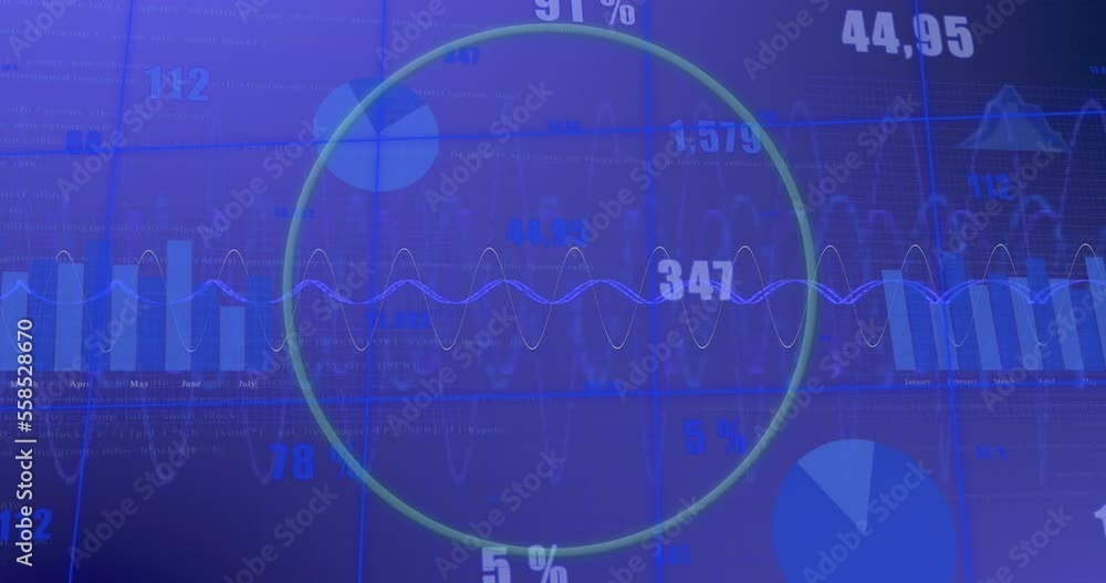 Animation of green round banner with copy space over statistical data processing on blue background Animation of green round banner with copy space over statistical data processing on blue background