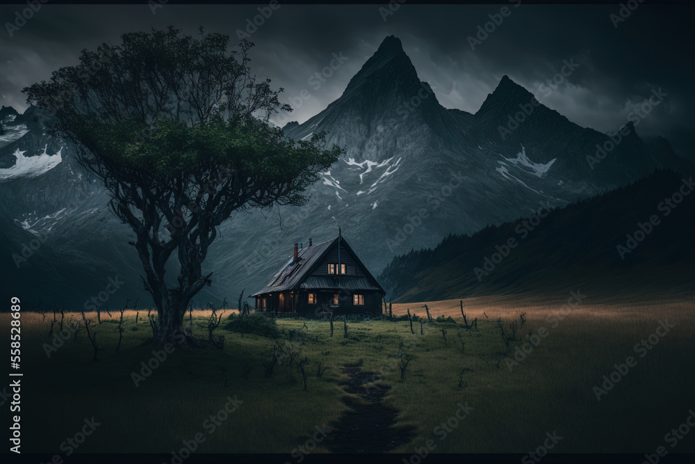 a dark home between mountains. Generative AI