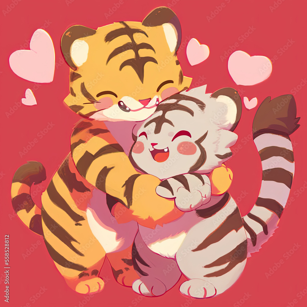 Two tigers hugging on red background, with hearts. Chinese cartoon style. Two tigers hugging on red background, with hearts. Chinese cartoon style.