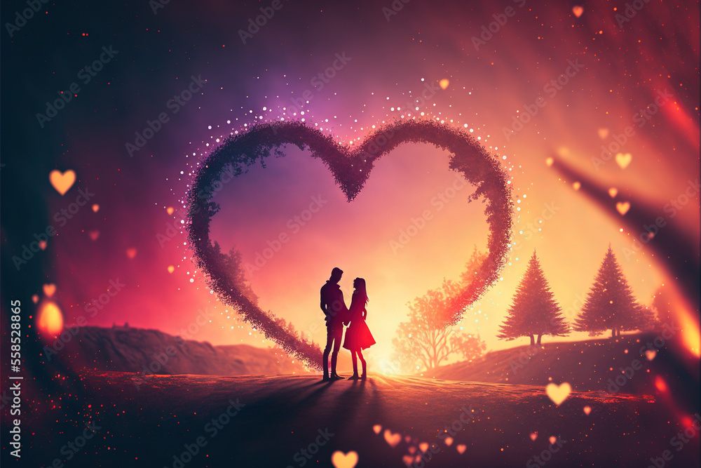 Silhouette of a couple almost kissing, fantasy sunset background with a heart shape. Valentine's day banner illustration. Generative AI.
