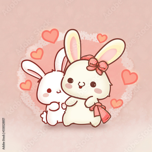 Two cute bunnies walking with hearts around them, kawaii character style. Valentine's day card or sticker design.