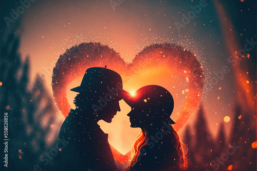 Silhouette of a couple almost kissing, fantasy sunset background with a heart shape. Valentine's day banner illustration. Generative AI.