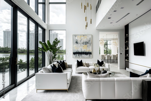 April 2020 in South Florida A large  open living space with sweeping views of the city and water. White  airy  and minimalist with floor to ceiling glass windows. Generative AI