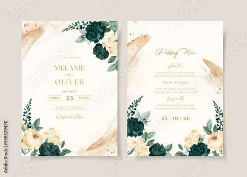 Wedding invitation template set with emerald green floral and leaves decoration. Watercolor wedding invitation