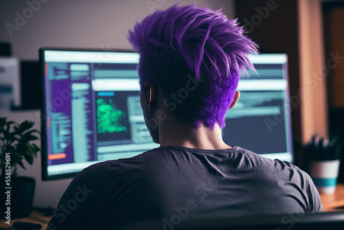 Back view of a software developer, hacker, purple hair, purple theme, office, computer screen, writing code, Generative AI