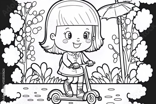 Cartoon girl riding a scooter coloring page. Children's coloring book. Generative AI