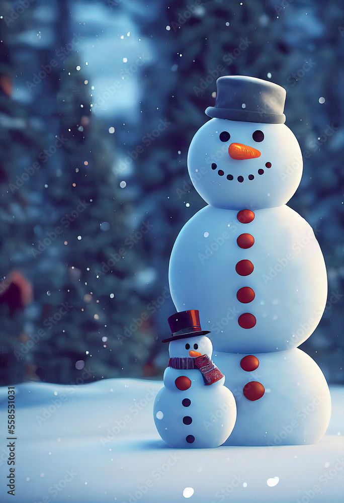 christmas Snowman character, cute snowman in christmas scenery animated illustration.