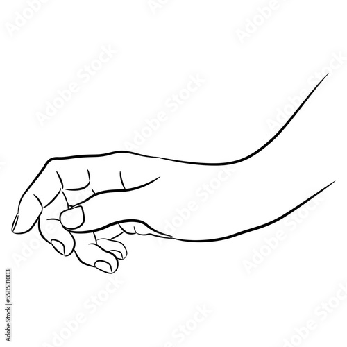 Beautiful female hand with bent fingers in elegant relaxed gesture. Cartoon style. Black and white linear silhouette.