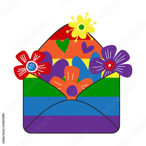 Gay rainbow love letter with hearts and flowers in opened envelope. LGBT valentines day. Romantic pride, queer equality and rights concept. Vector flat.