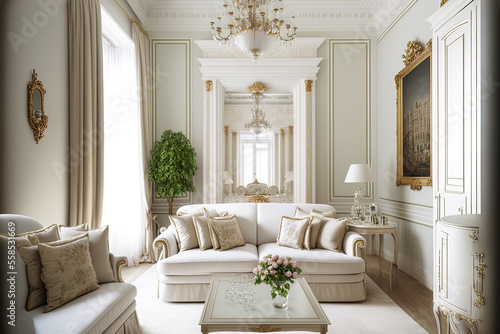 The living room s lavish  pricey interior design is done in a dated Baroque aesthetic and features beige tones. Generative AI