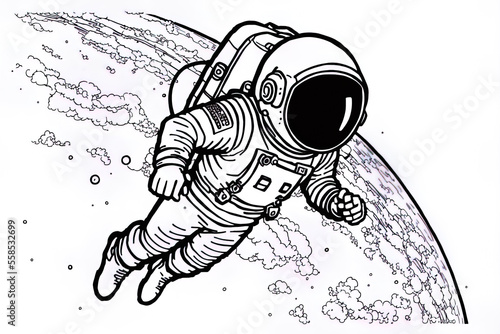 a free flying in space coloring page of an astronaut. Generative AI