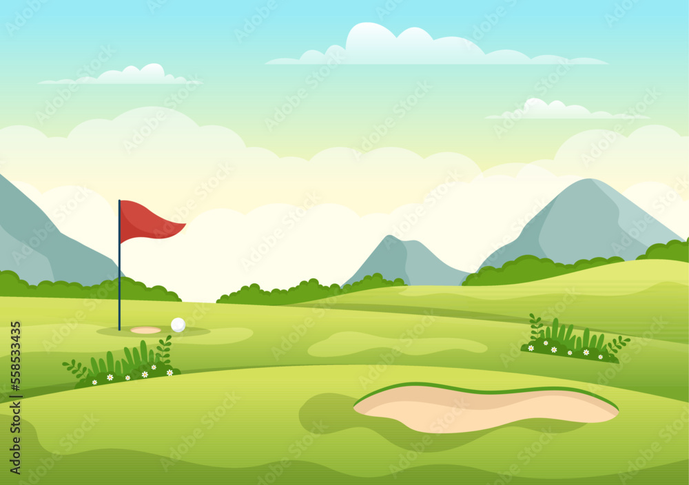 Golf Sport Illustration with Flags, Cart, Sticks, Green Field and Sand Bunker for Outdoors Fun or Lifestyle in Flat Cartoon Hand Drawn Templates
