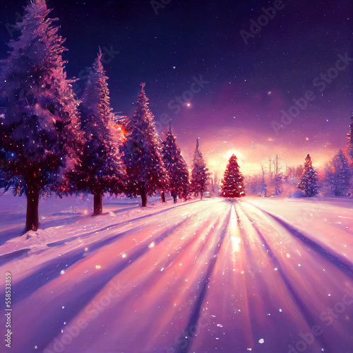 beautiful winter landscape with snow and pine trees, landscape illustration with christmas theme © Fernando