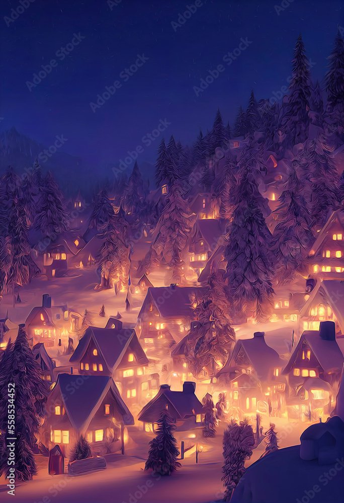 Obraz premium beautiful winter landscape with snow and pine trees, landscape illustration with christmas theme