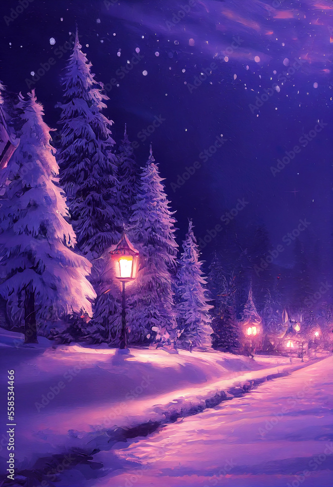 Obraz premium beautiful winter landscape with snow and pine trees, landscape illustration with christmas theme