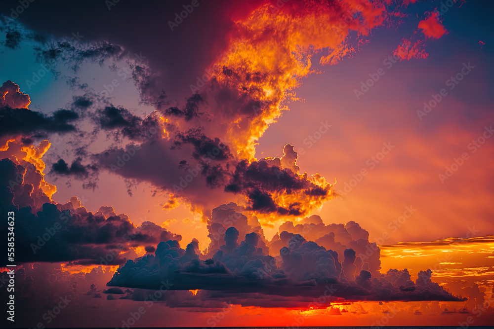 colorful clouds in a cloudscape at sunset close to the ocean. Generative AI