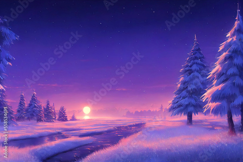 christmas landscape illustration, beautiful winter scenery with christmas trees and snow © Fernando