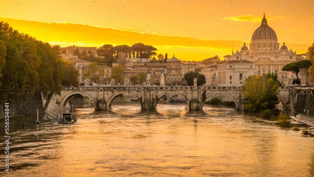 Stunning day to night timelapse video of Rome, Italy, featuring the Ponte Sant'Angelo, the river Tiber, and St Peter's Basilica in the Vatican, Holy See Stunning day to night timelapse video of Rome, Italy, featuring the Ponte Sant'Angelo, the river Tiber, and St Peter's Basilica in the Vatican, Holy See