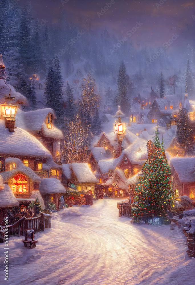 A beautiful Christmas village in the mountains. Winter landscape. houses with christmas decorations